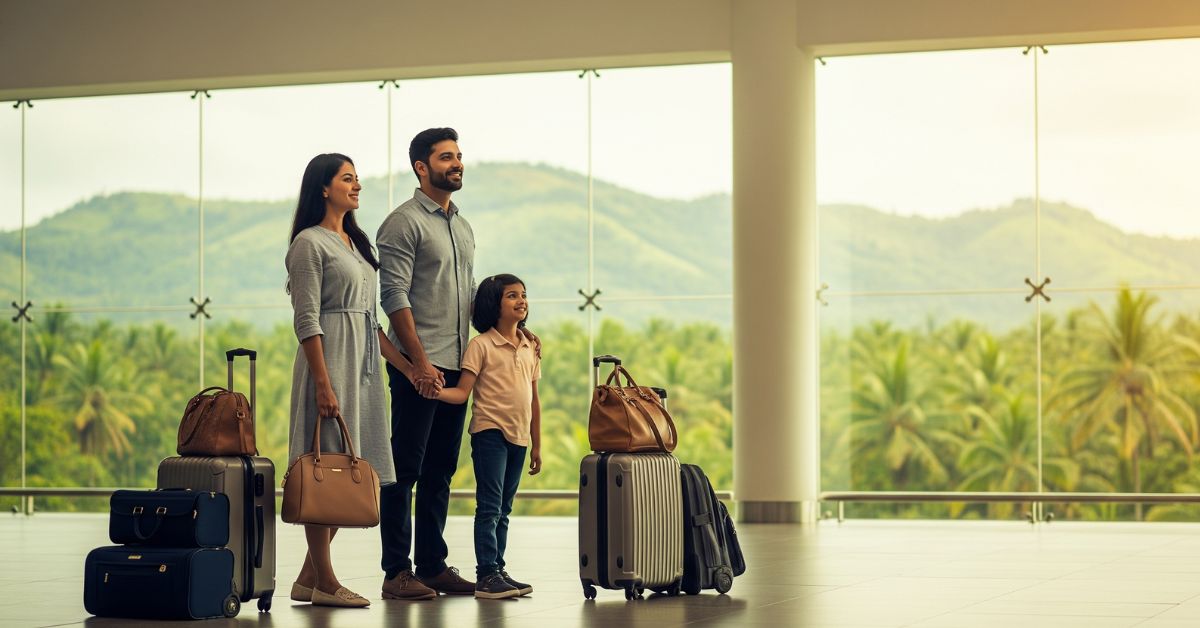 Happy family at airport with luggage, guided by trusted Migration Service Providers in Kerala